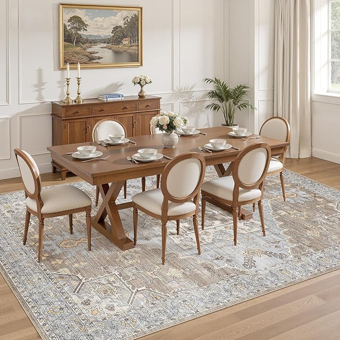 8x10 Washable Area Rugs for Living Room: Non Slip Vintage Brown Gray Rug, Large Soft Stain Resistant Indoor Floor Carpets for Bedroom Dining Room Nursery Home Office Kid & Pet Friendly