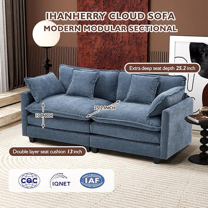 Ihanherry Cloud Sofa 77 Inch Loveseat, Modern Sectional Couch, 2-Seats Sofa for Living Room Bedroom and Apartment, Comfy Double Layer Upholstered Seat Cushion, Breathable Chenille Fabric, Blue