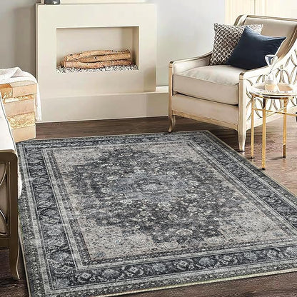 CHAMPLANT Washable Area Rug 4'x6' Traditional Floor Cover Foldable Thin Rugs Retro Kitchen Indoor Distressed Non Slip Carpet Floral Print Mat Bedroom Living Room