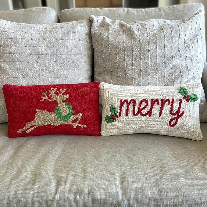 Hand Hooked Christmas Pillow - 9X16 inches Throw Pillow for Couch or Dorm (Merry)