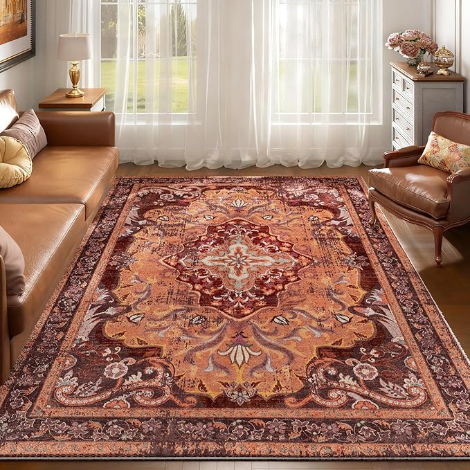 RUSHUFFY 5x7 Washable Area Rugs for Bedroom, Vintage Boho Distressed Print Pattern Rugs for Living Room, Soft Non-Slip Carpet for Indoor Dining Room Nursery Farmhouse Girls Room, Orange & Red