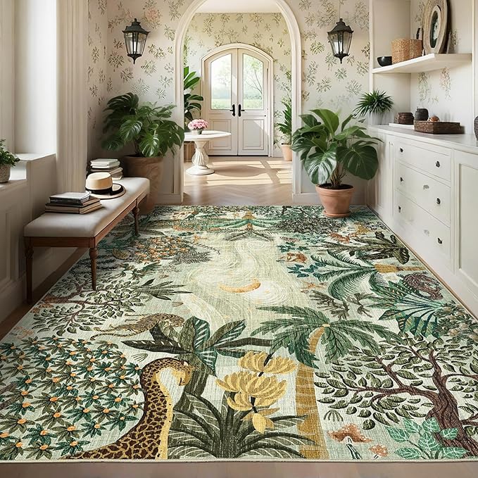 GarveeHome 6x9 Area Rug Jungle Green Washable Rugs for Living Room Bedroom, Soft Low Pile Non Slip Accent Floor Mat Animal Print Tiger Throw Rug Indoor Carpet Dining Room Playroom