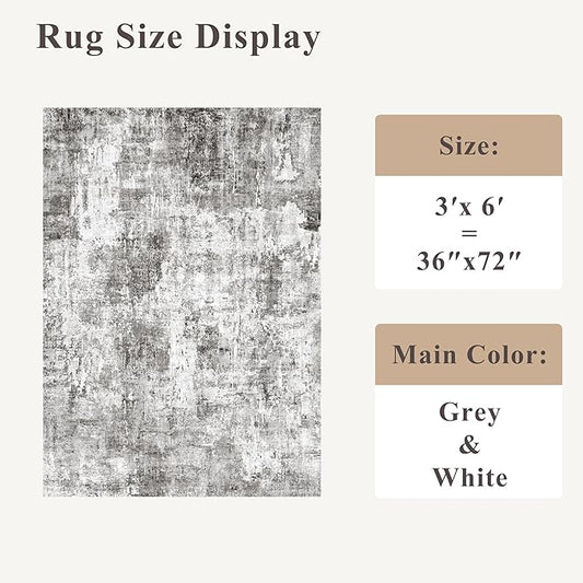 3x6 Washable Wide Runner Rug – Non-Slip Floor Carpet Runner for Kitchen Entryway Hallway Bathroom, Modern Abstract Low Pile Thin Area Rug (Grey)