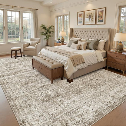 Soalmost 7x10 Area Rug for Living Room Washable Abstract Vintage Soft Thin Indoor Floor Non-Slip Carpet for Bedroom Dining Room Brown