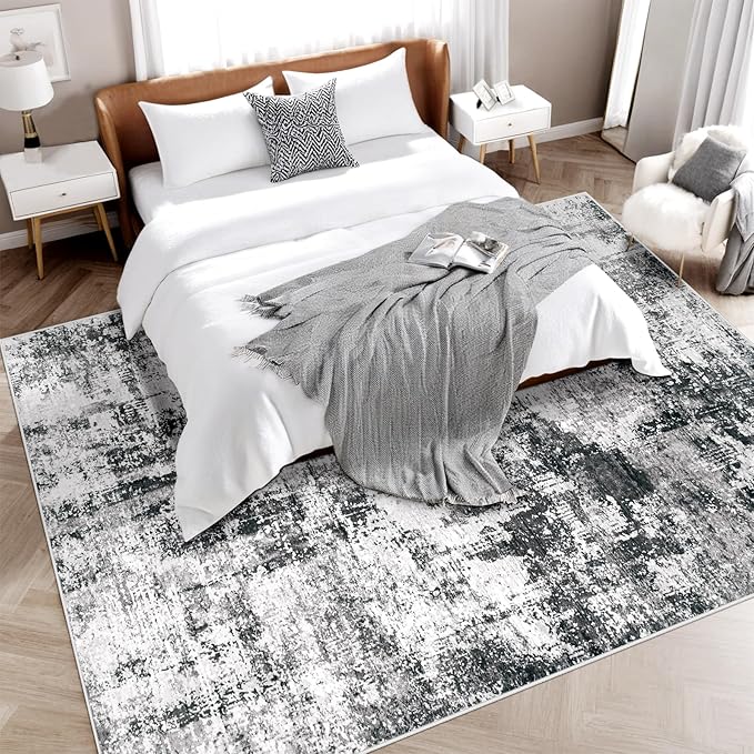 5x7 Area Rug for Living Room: Washable Abstract Soft Rugs Non Slip Modern Stain Resistant Low Pile Carpet for Dining Room Bedroom Nursery Office (Black Grey, 5'x7')