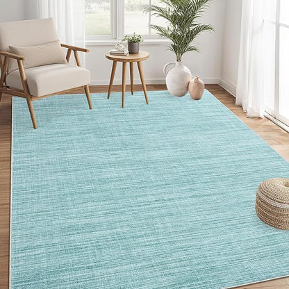 Washable Area Rug 8x10 for Living Room Bedroom Non Slip Minimalist Solid Color Area Rugs Modern Abstract Plain Dining Room Throw Carpet Low Pile Soft Classic Boho Rugs for Kitchen Nursery Oiifce, Blue