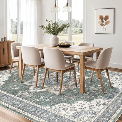 Area Rug for Living Room - 9x12 Soft Washable Oriental Vintage Floral Distressed Large Carpet - Fade Stain Resistant Non Slip Rugs for Bedroom Dining Room Nursery Dorm Office Home Decor - Green