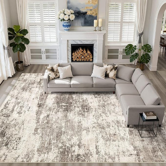 10x12 Area Rug Living Room: Washable Large Neutral Rug Abstract Soft Modern Stain Resistant Indoor Floor Non-Slip Carpet for Bedroom Nursery Kids Office Playroom Dining Room Under Table- Mocha Brown