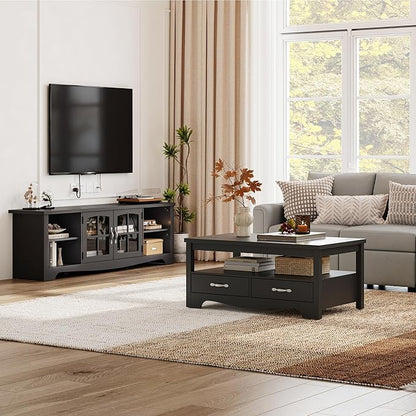LINSY HOME TV Stand for 75 Inch TV, Modern Farmhouse Entertainment Center with Storage Cabinets and Glass Doors, Tall Media Console Table for Living Room, Bedroom, Large Long Television Stand, Black