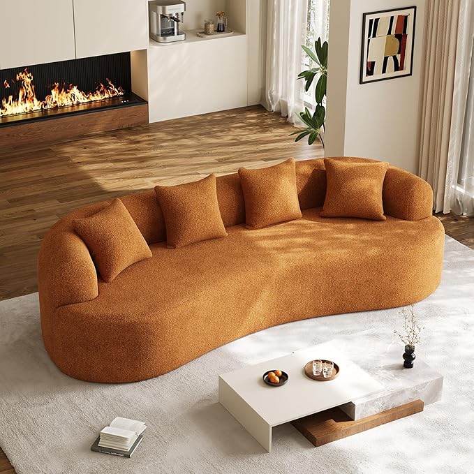 Oversized Sectional Sofa for Living Room, Modern Luxury Plush Chenille 4-Seater Extra Deep & Wide Seat Curved Cloud Couch with 4 Throw Pillows, No Assembly Needed, Sienna Orange