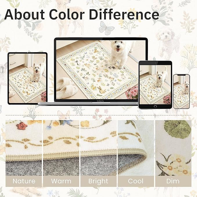 Soalmost Dog 9x12 Area Rugs for Living Room, Machine Washable Animal Floral Vintage Rug Non-Slip Low Pile Soft Throw Large Rugs for Classroom Bedroom Dining Room Nursery Playroom (9 x 12,Beige)