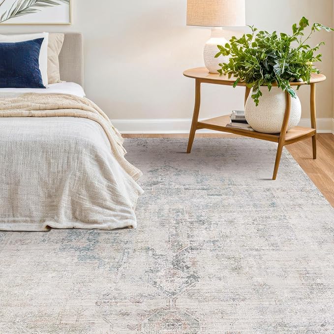 Hazo Haus Light Blue Farmhouse Area Rug for Bedroom - 6x8 Washable Rug for Dining Room Table, Ultra-Thin Soft Textured Dusty Blue Boho Indoor Decor, Fade & Stain Resistant