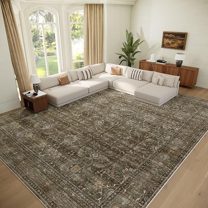 Washable 10x14 Area Rugs for Living Room, Boho Non-Slip Vintage Distress Large Rugs for Bedroom Dining Room Office, 0.3" Neutral Oriental Throw Thin Carpet, Rust/Multi, D2