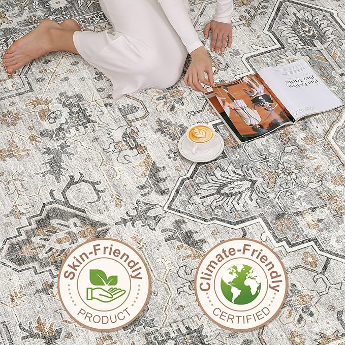 6x9 Area Rugs Living Room: Washable Boho Large Neutral Vintage Soft Rugs Stain Resistant Distressed Farmhouse Non-Slip Indoor Floor Carpet for Bedroom Nursery Kids Office Dining Room- Taupe