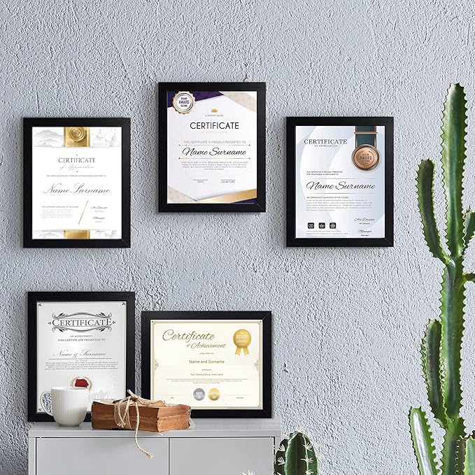 8.5x11 Certificate Document Picture Frame Set of 6, Black Diploma Frames for Wall or Tabletop