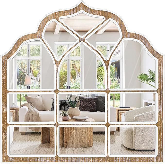 36x36 Inch Window Pane Wall Mirror, Farmhouse Gothic Arched Mirror, Rustic Decorative Cathedral Mirror for Living Room Entryway Home Decor