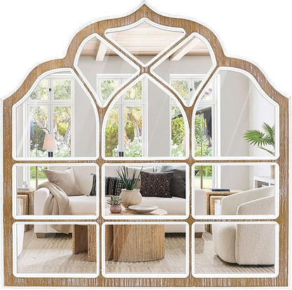 36x36 Inch Window Pane Wall Mirror, Farmhouse Gothic Arched Mirror, Rustic Decorative Cathedral Mirror for Living Room Entryway Home Decor