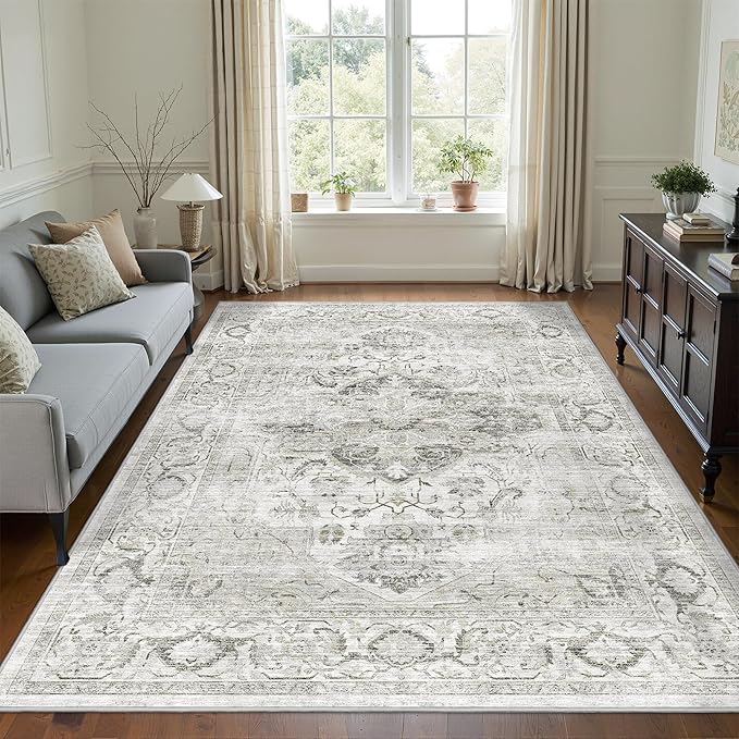 3x5 Rug with Non Slip Backing - Stain Resistant Washable Rugs for Living Room?Bedroom & Dining Room?Vintage Printed Home Decor Area Rug (Ivory/Gray,3'x5')