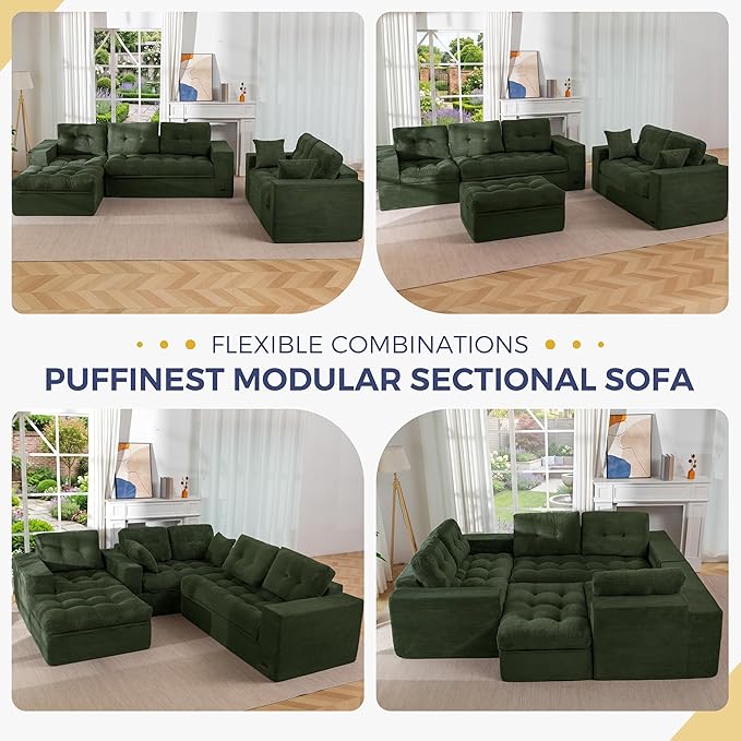 MAXYOYO Modular Sectional Sofa with Ottoman and Loveseat, Cloud Boneless Couch with Layered Cushion, Flexible Module Combination Sofa for Living Room, No Assembly Required,Dark Green