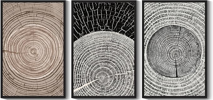 PHOPAGO Vintage Wood Tree Rings Wall Art Large 24x36in Farmhouse Rustic Framed Canvas Paintings Living Room Bedroom Decor Nature Artwork Black Framed
