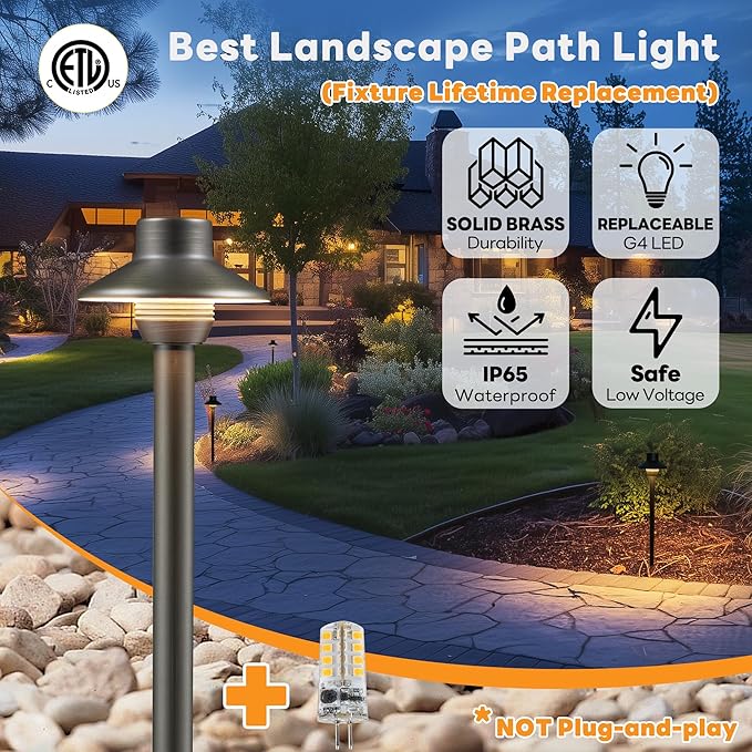 Gardenreet Outdoor Path Lights Brass, LED Landscape Pathway Light, Low Voltage Driveway Lamp Waterproof, Mini Shade 12V Wired Bronze for Walkway Sidewalk with 3W 270LM 2700K G4 Bulb 6 Pack