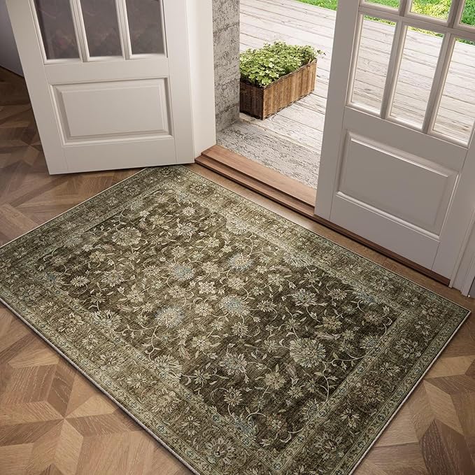 Washable 2x3 Entryway Rug, Boho Non-Slip Door Mat Vintage Distress Small Rugs for Kitchen Nursery Office Bedroom, 0.3" Neutral Oriental Throw Carpet with Cushioning Pad, Tan/Flaxen/Multi, E2