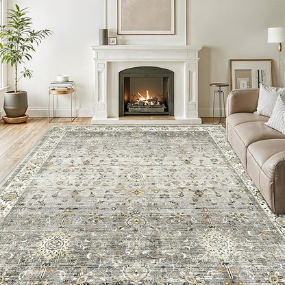 Washable 9x12 Area Rug - Soft Large Rugs for Living Room Thin Stain Resistant Vintage Carpet for Bedroom with Non Slip Backing for Bedroom Dining Room Home Decor (Ivory/Grey,9'x12')
