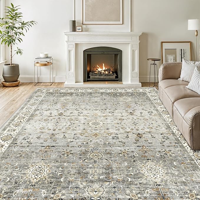 6x9 Area Rugs for Living Room, Machine Washable Non Slip Vintage Rug, Non-Slip Stain Resistant, Large Soft Home Decor Rug for Bedroom Dining Room (Ivory/Gray,6'x9')