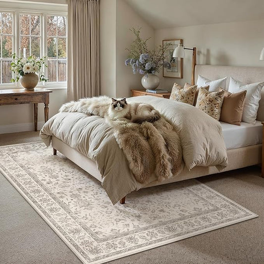 PureCozy 5x7 Area Rug Beige Washable Vintage Carpet Living Room Bedroom Non Slip Stain Soft Resistant Low Pile Thin Boho Accent Indoor Throw Rug for Dining Room Office
