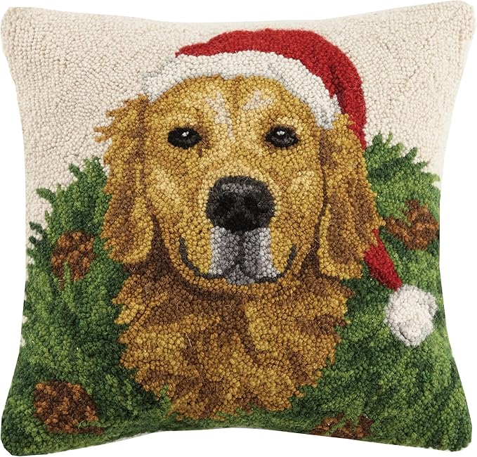 Peking Handicraft 31SJM8395C16SQ Christmas Dogs Hook in Wreath Golden Retriever Wool Throw Pillow, Multicolored