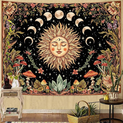 Neasow Sun and Moon Mushroom Tapestry, Vintage Orange Aesthetic Wall Art, Boho Retro Floral Mystic Decor for Living Room Bedroom Home, 60x80 inches