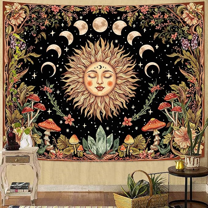 Neasow Sun and Moon Mushroom Tapestry, Vintage Orange Aesthetic Wall Art, Boho Retro Floral Mystic Decor for Living Room Bedroom Home, 44x60 inches