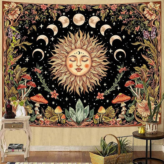 Neasow Sun and Moon Mushroom Tapestry, Vintage Orange Aesthetic Wall Art, Boho Retro Floral Mystic Decor for Living Room Bedroom Home, 44x60 inches