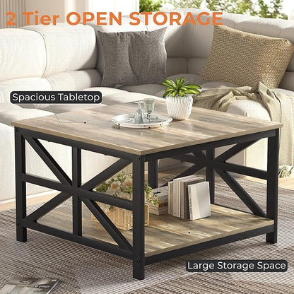 GreenForest Modern Living Room Coffee Table with 2 Tier Storage, Small Square Wood and Metal Farmhouse Center Table with Seamless One-Piece Tabletop, 27.55 Inch, Grey Wash