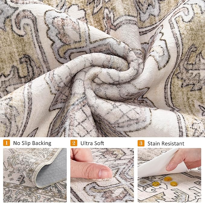 9x12 Washable Area Rugs for Living Room: Non Slip Vintage Brown Rug, Large Soft Stain Resistant Indoor Floor Carpets for Bedroom Dining Room Farmhouse Nursery Home Office Kid & Pet Friendly