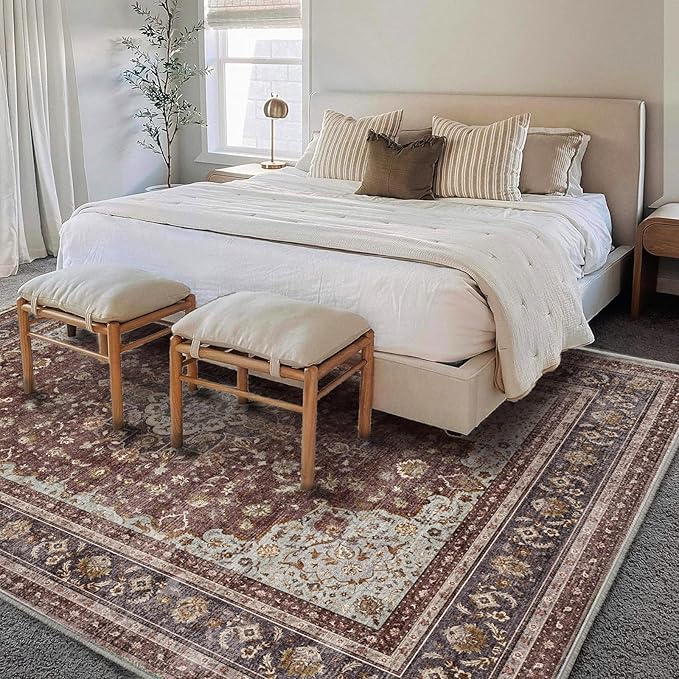 CHAMPLANT Area Rug 6'x9' Washable Vintage Traditional Floor Cover Thin Retro Kitchen Indoor Distressed Non Slip Carpet for Living Room Bedroom Dining Room