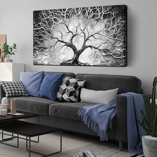 CIRABKY Tree Wall Art for Living Room - Black and White Canvas Wall Art for Office - Home Office Decor Wall Size 29" x 59"