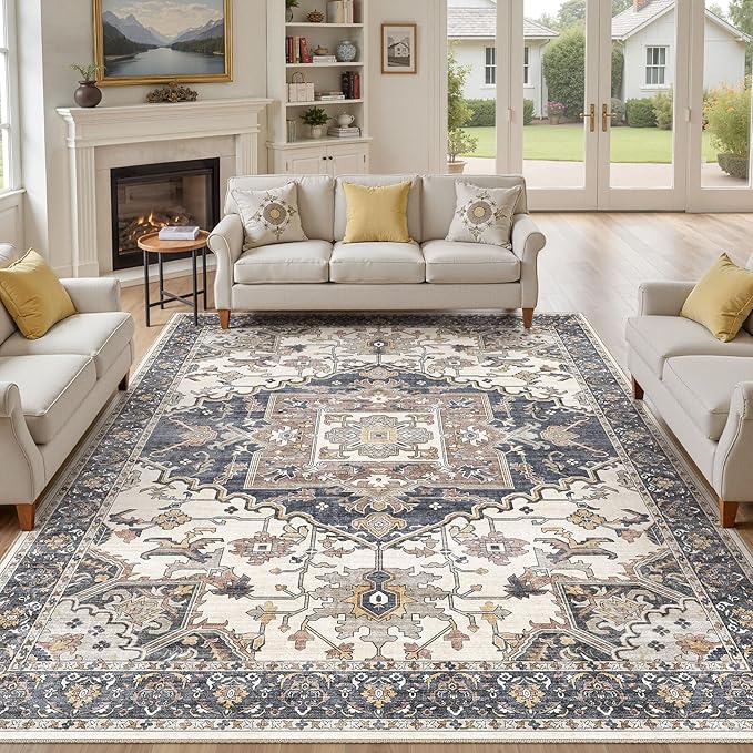 10x12 Washable Area Rugs for Living Room: Non Slip Vintage Beige Blue Rug, Large Soft Stain Resistant Indoor Floor Carpets for Bedroom Dining Room Nursery Home Office Kid & Pet Friendly