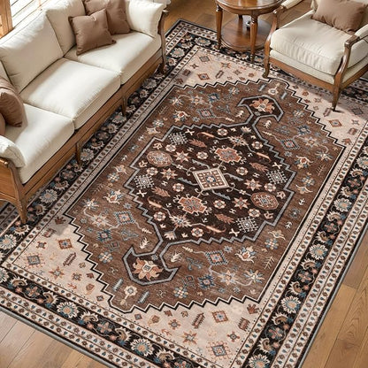 Tangsoo Washable 5x7 Area Rug for Living Room,Vintage Non Slip Large Rugs Soft Non-Slip Print Distressed Brown Beige Carpet,Low Pile Foldable Floor Rug for Bedroom Dining Room Dorm Office Home Decor