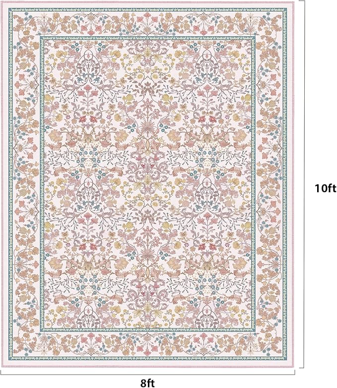 AMADA HOMEFURNISHING 8x10 Washable Area Rugs for Living Room, Non-Slip & Low-Profile Floral Large Area Rug with Durable Edge Binding, Soft Rugs for Living Room, Bedroom, Dining Room