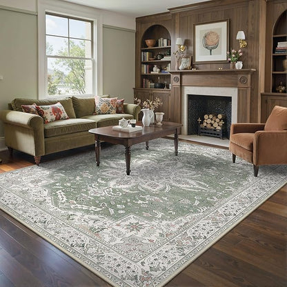 GENIMO 8X10 Washable Vintage Area Rugs for Living Room, Non-Slip Low Pile Chenille Print Rug, Soft Rugs for Bedroom Dining Room Home Office, Sage & Linen