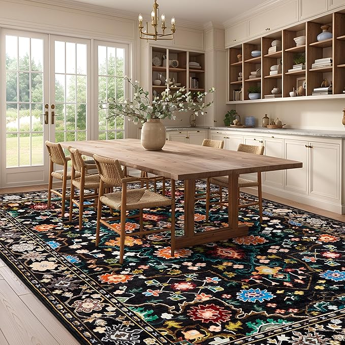 8x10 Area Rugs for Living Room, Machine Washable Vintage Rug, Non-Slip Low Pile Throw Rugs with Rubber Backing Washable Carpet for Bedroom Dining Room Kitchen Home Decor, Black