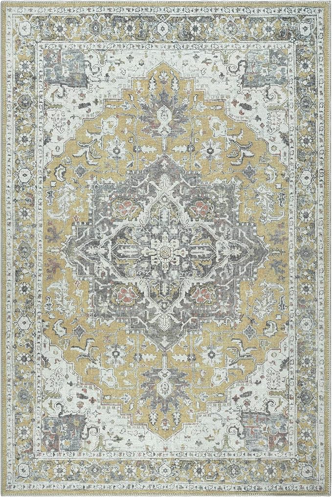 Bloom Rugs Washable Non-Slip 3' x 5' Rug - Yellow Traditional Medallion Area Rug for Living Room, Bedroom, Dining Room, and Kitchen - Exact Size: 3' x 5'