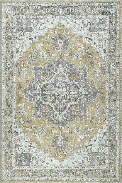 Bloom Rugs Washable Non-Slip 3' x 5' Rug - Yellow Traditional Medallion Area Rug for Living Room, Bedroom, Dining Room, and Kitchen - Exact Size: 3' x 5'