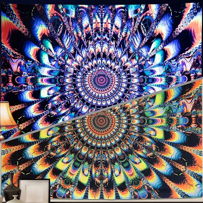 PRRPRR Blacklight Mandala Tapestry for Bedroom, UV Reactive Trippy Wall Tapestry, Bohemian Aesthetic Wall Art Decor for Adults Teens (Mandala Orange, 78"x59")
