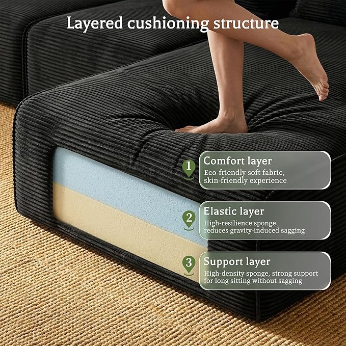 Homkdom L-Shaped Cloud Boneless Couch with Deep Seat, Modular Sectional Sofa with Oversized Chaise, 6 Layouts Combination for Living Room, Apartment, No Assembly Required (Black, Right Facing Chaise)
