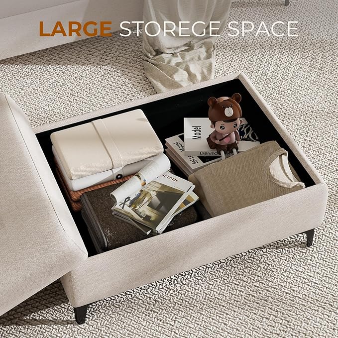 Upvilla 35" Large Storage Ottoman for Living Room, 7.8" Deep Seat Rectangular Ottoman Foot Rest for Couch, Chenille Storage Footstool Load 350 lb （Beige）