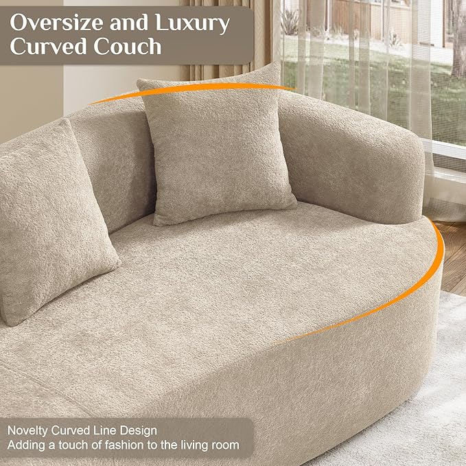 Oversized Sectional Sofa for Living Room, Modern Luxury Plush Chenille 4-Seater Extra Deep & Wide Seat Curved Cloud Couch with 4 Throw Pillows, No Assembly Needed, Light Brown