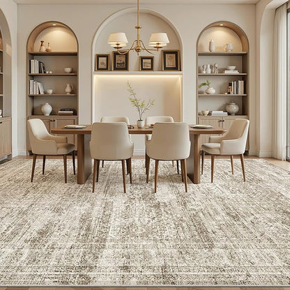 Soalmost 12x15 Washable Area Rug Brown Neutral Abstract Living Room Large Carpet Non Slip Bedroom Indoor Office Dining Room Low Pile Thin Rug