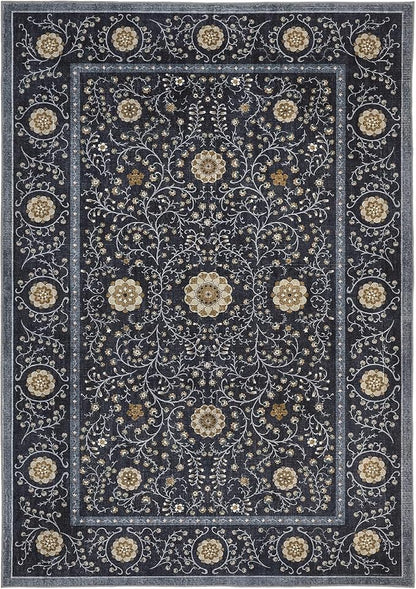 GarveeHome Boho 5x7 Area Rug for Bedroom, Floral Vintage Rugs for Living Room with Soft Low Pile, Non Slip Botanical Washable Rugs 5x7 for Dining Room Blue Carpet for Entryway Dorm Office Playroom